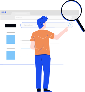 A person using a magnifying glass for web search - Concept of online research and investigation, looking for software developers.